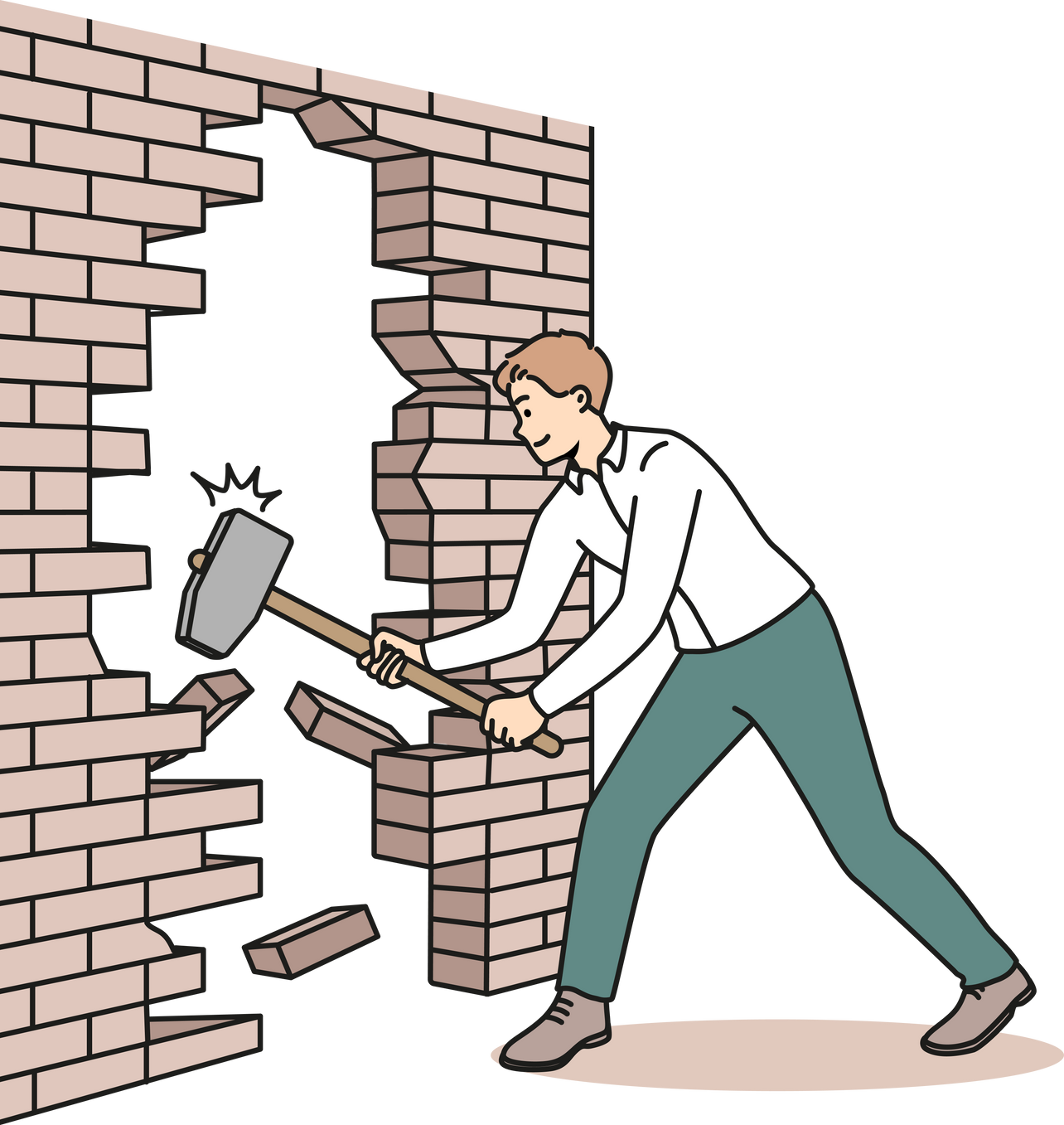 Businessman with hammer break wall